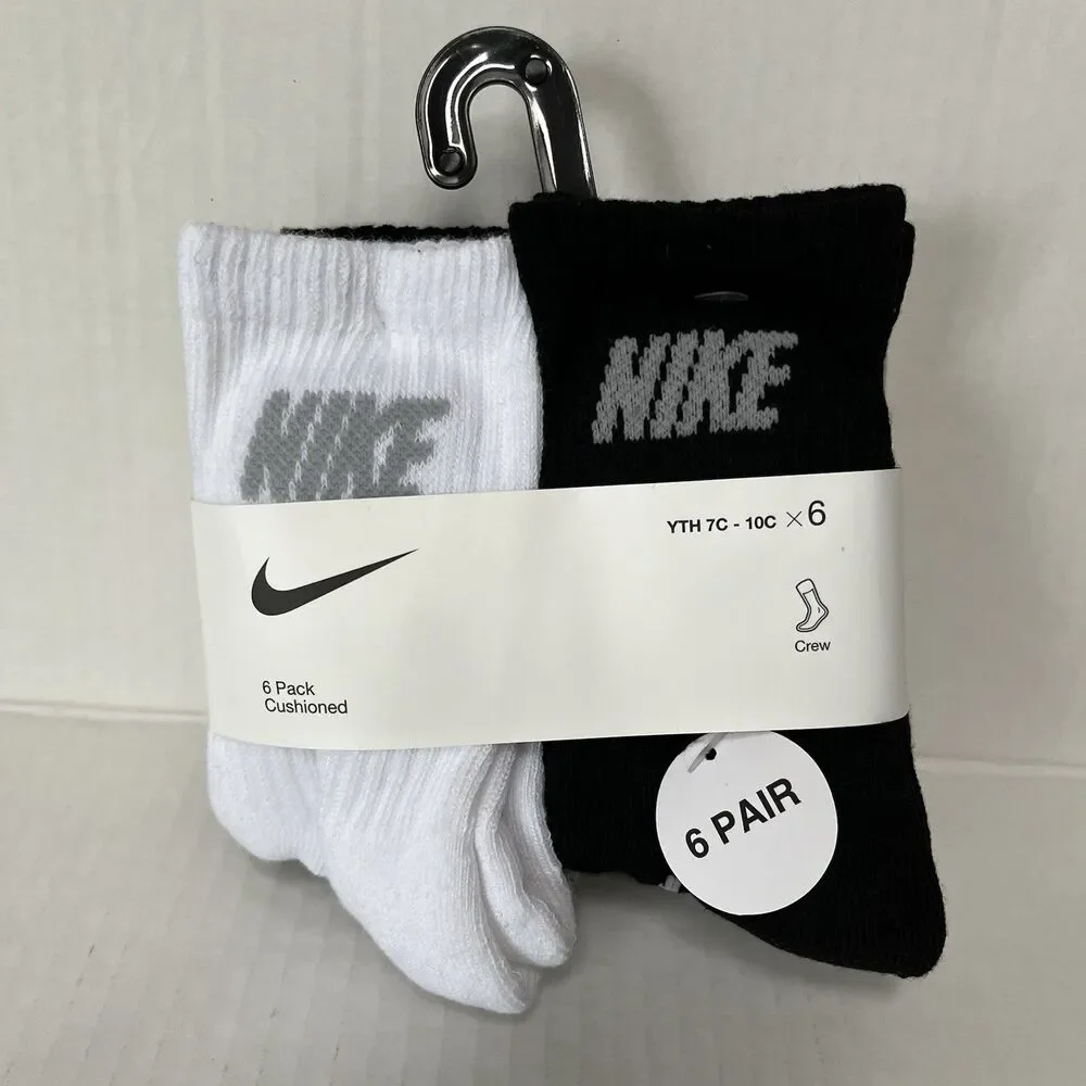 NIKE Boys Cushioned Crew Socks (6 Pairs) Sz 4-5 Fits Youth Shoe Sz 7C-10C Multi